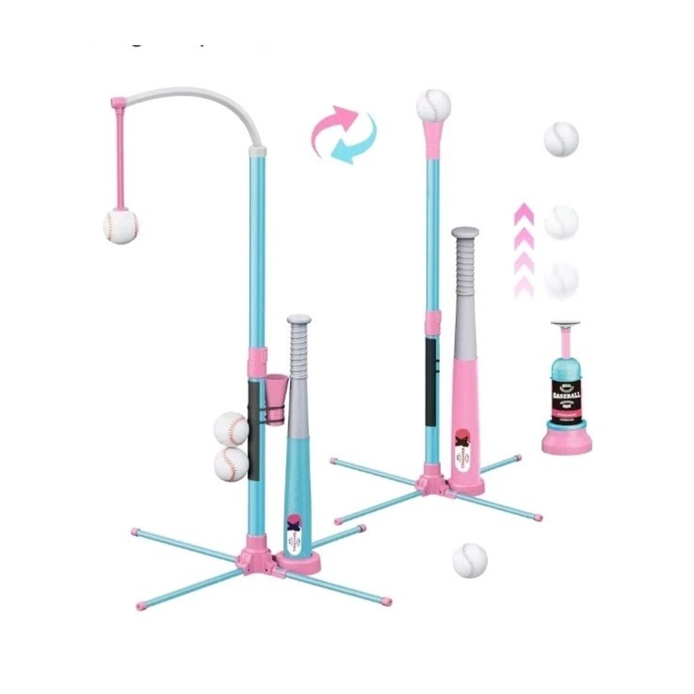 3 In 1 Adjustable Height Hanging Baseball Batting Tee Set with 2 Bats, Blue Pink